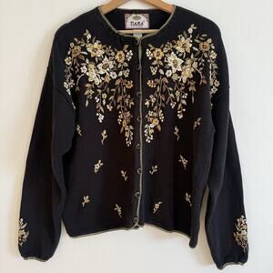 Vintage Tiara International Black Floral Embroidered Cardigan Sweater Cottage L